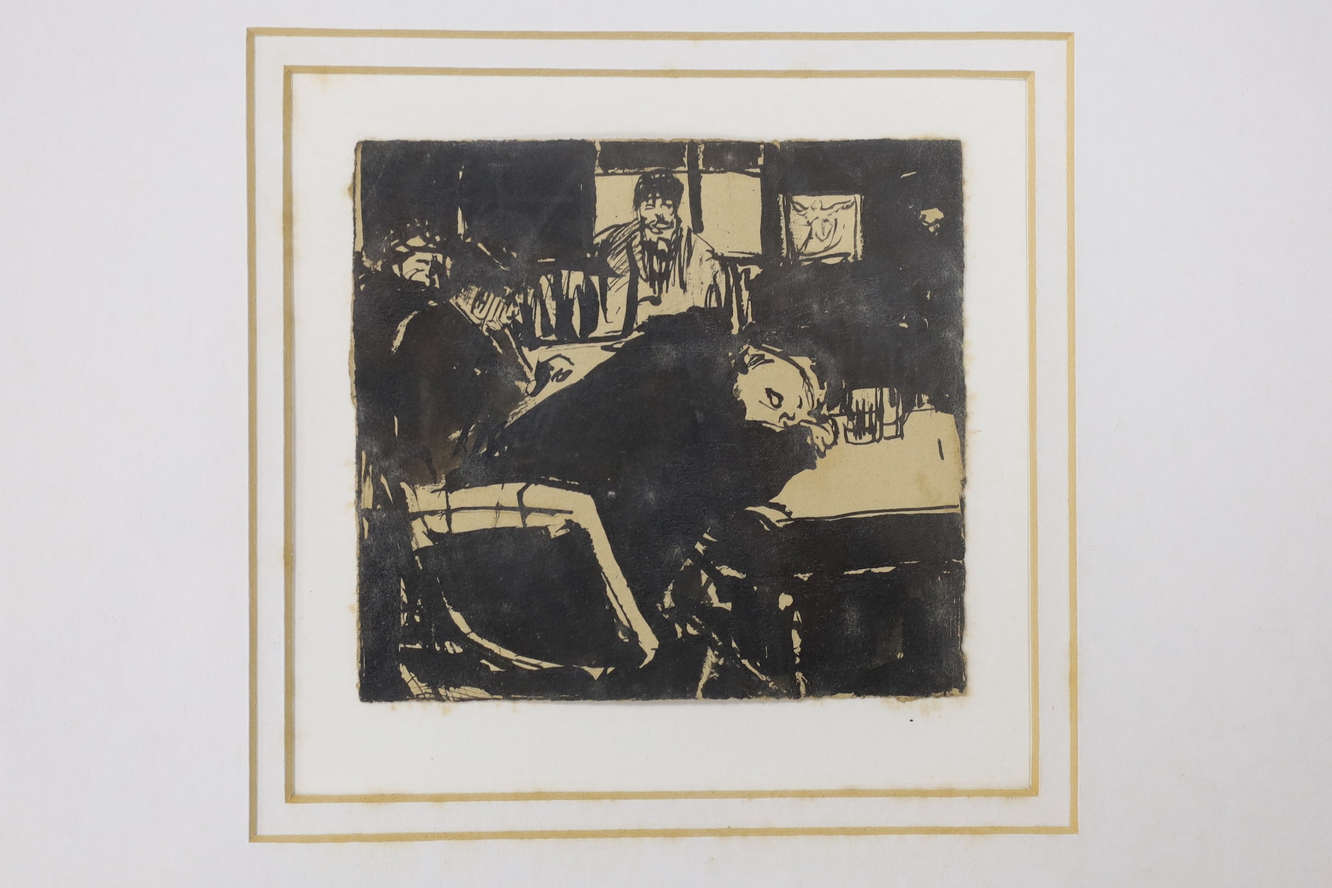 Early 20th century German School, two pen and ink drawings, Drunkard at a bar and Street scene, 10.5 x 11.5cm and 8.5 x 12cm